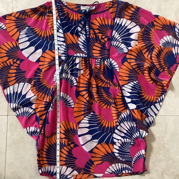 Trina Turk Dress 100% Silk Multicolor Kaftan Tunic Mini Dress Square Tie Neck - Picture 10 of 11